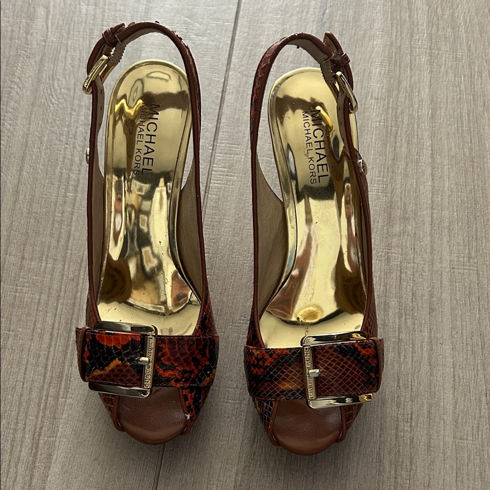 Michael Kors Snakeskin Peep-Toe Heels in Brown and Orange